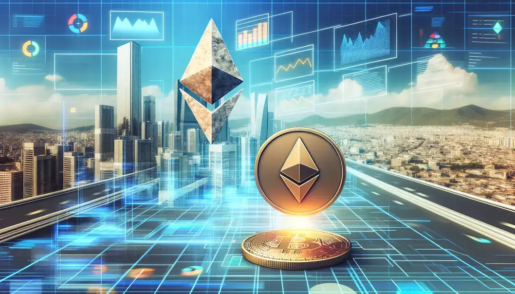 A futuristic city that represents the Ethereum ecosystem’s tech advancements in 2025.