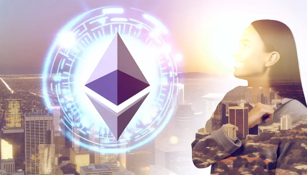 A futuristic city that represents the Ethereum ecosystem’s tech advancements in 2025.