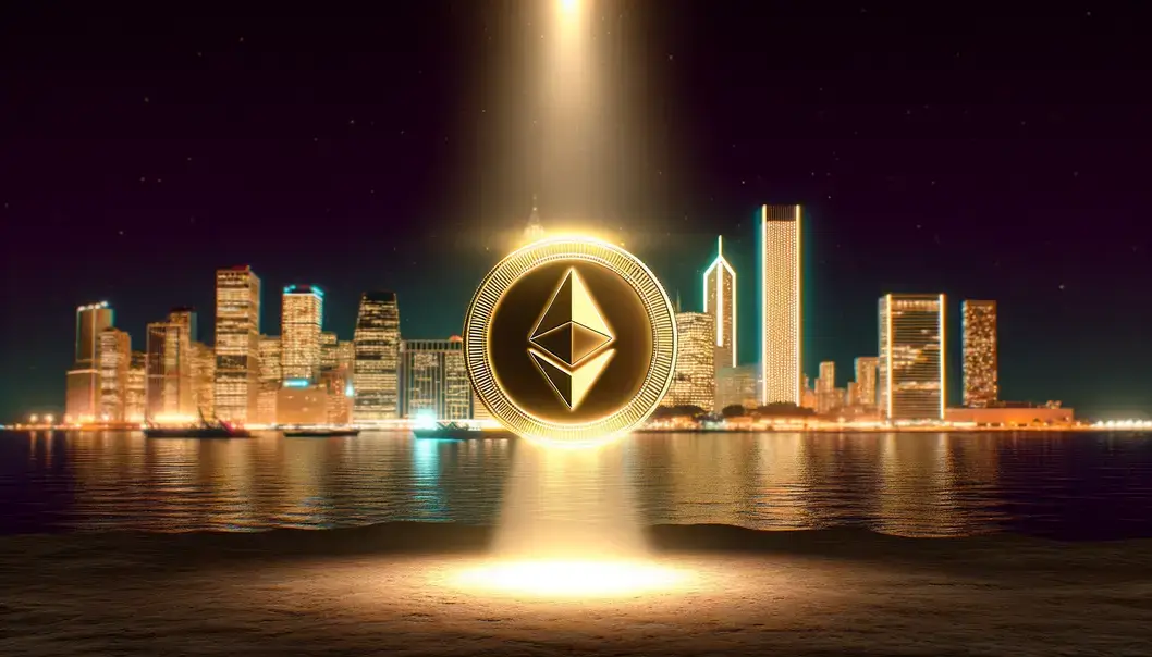A futuristic city that represents the Ethereum ecosystem’s tech advancements in 2025.