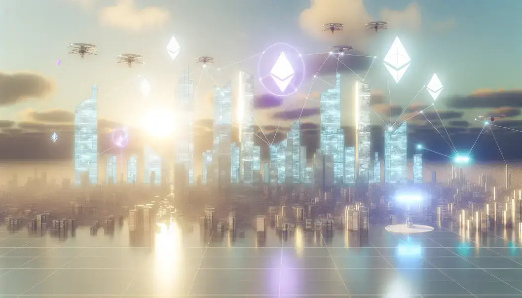 A futuristic city that represents the Ethereum ecosystem’s tech advancements in 2025.