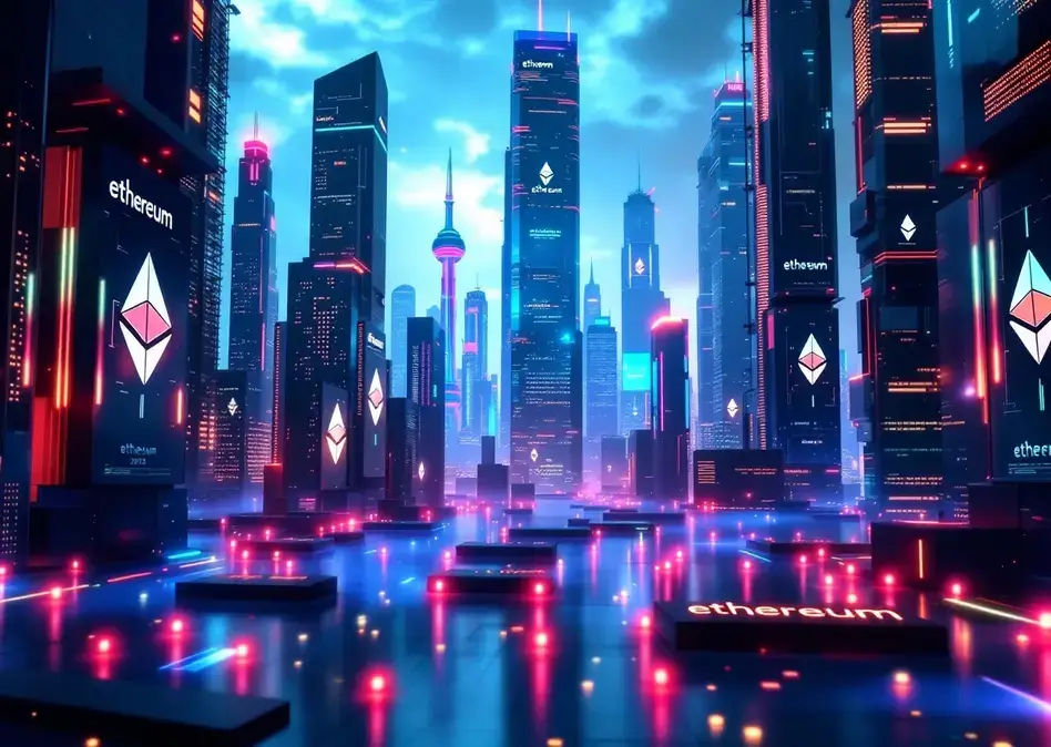 A futuristic city that represents the Ethereum ecosystem’s tech advancements in 2025.