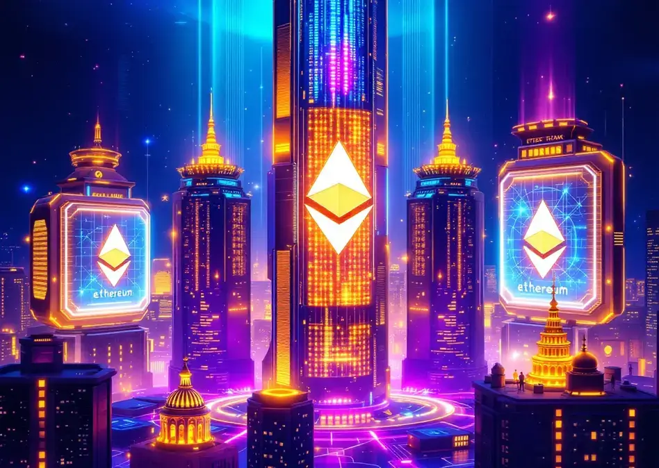 A futuristic city that represents the Ethereum ecosystem’s tech advancements in 2025.