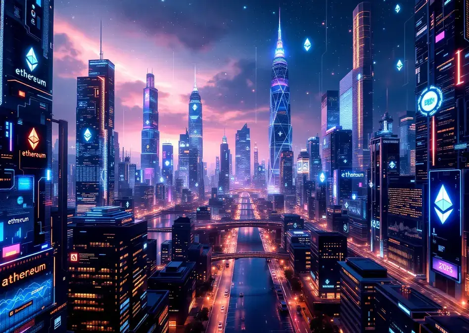 A futuristic city that represents the Ethereum ecosystem’s tech advancements in 2025.