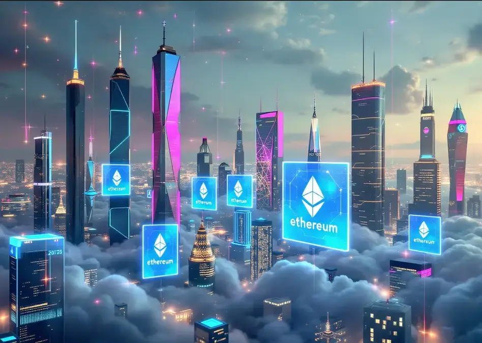 A futuristic city that represents the Ethereum ecosystem’s tech advancements in 2025.