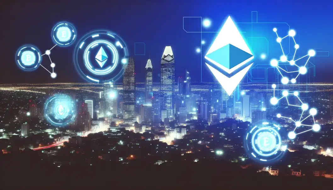 A futuristic city that represents the Ethereum ecosystem’s tech advancements in 2025.